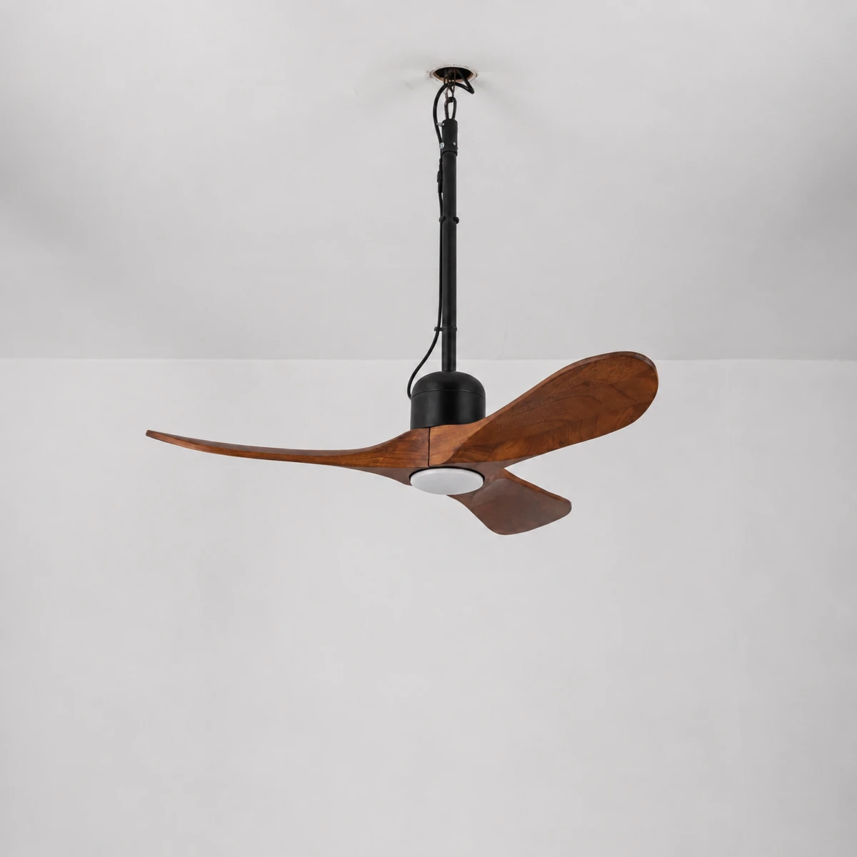 F257 Sculpted Wood Fan Light, 42" · Walnut & Black · With light